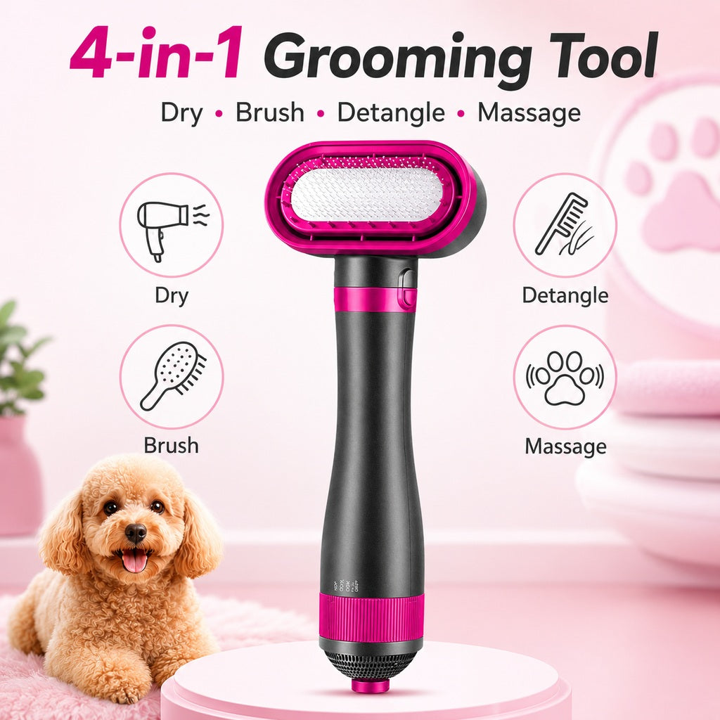 Klmays 4-in-1 Pet Dryer Brush for After-Bath Grooming, Low-Noise Dog & Cat Hair Dryer Comb for Easier Drying, Brushing & Detangling