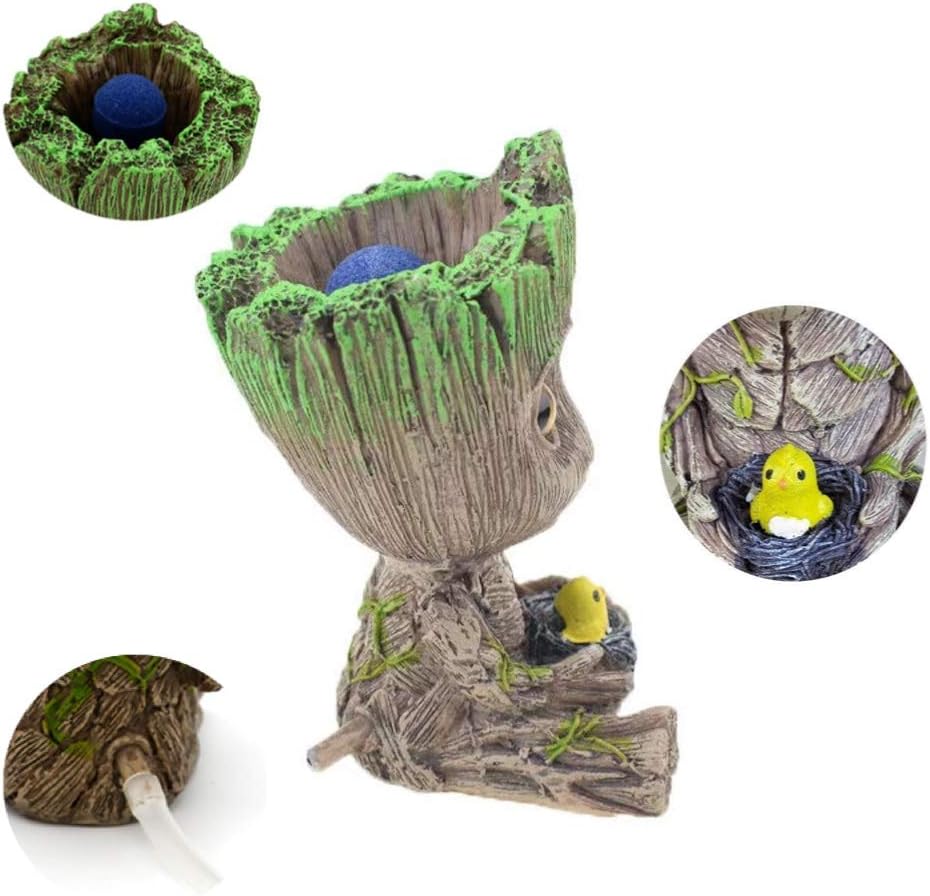Tree Character Aquarium Bubbler Ornament with Airline Tubing Kit, Air-Driven Fish Tank Decoration, Air Pump Not Included