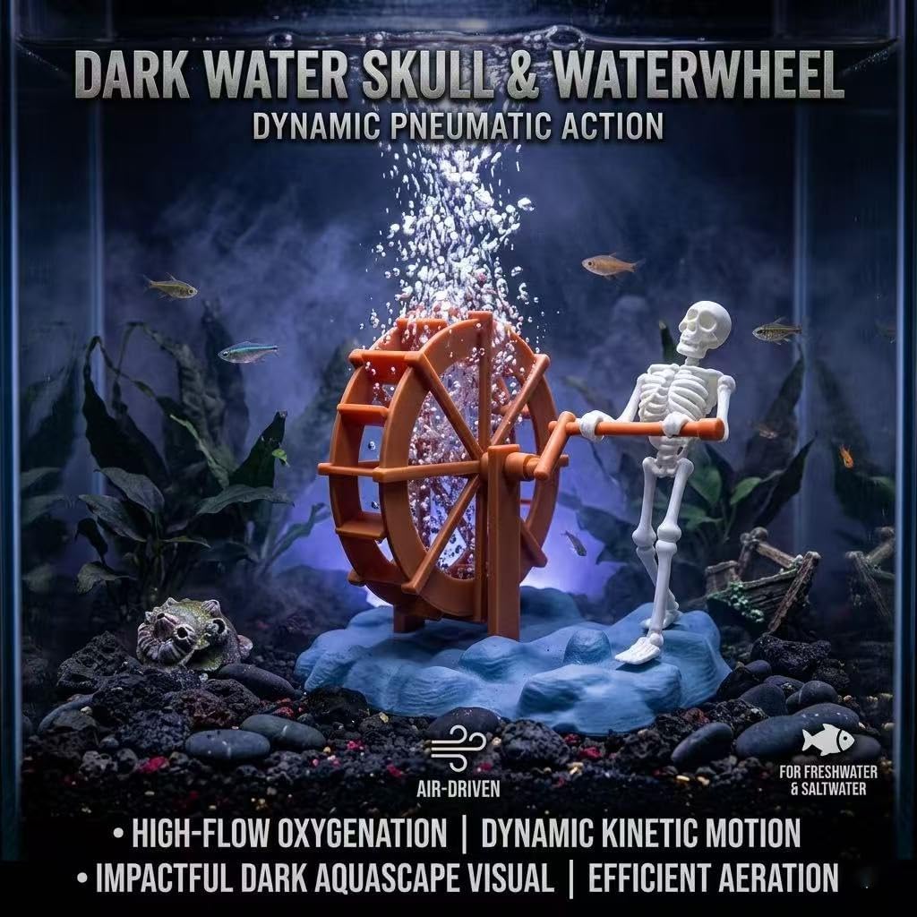 Dynamic Skeleton Aquarium Bubbler with Water Wheel, Air-Driven Moving Fish Tank Ornament, Halloween Aquarium Decoration, 1 Pc