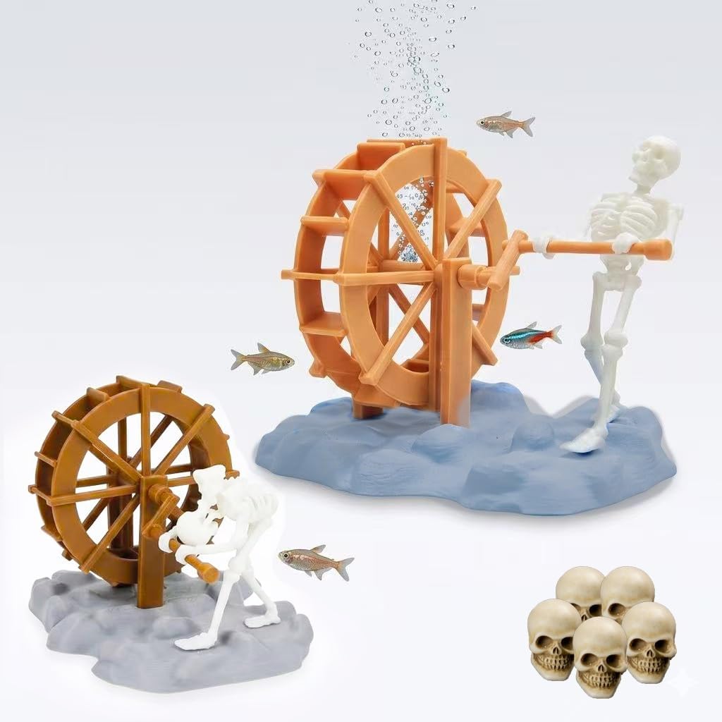 Dynamic Skeleton Aquarium Bubbler with Water Wheel, Air-Driven Moving Fish Tank Ornament, Halloween Aquarium Decoration, 1 Pc