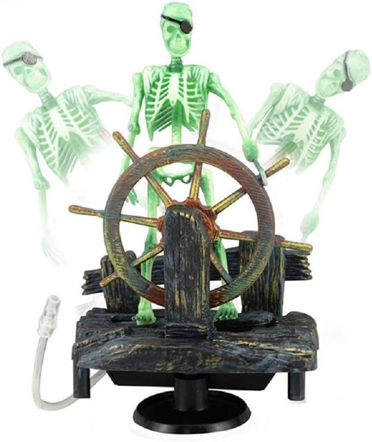 Skeleton Pirate Aquarium Bubbler, Air-Driven Moving Fish Tank Ornament with Ship Wheel, Air Pump Not Included