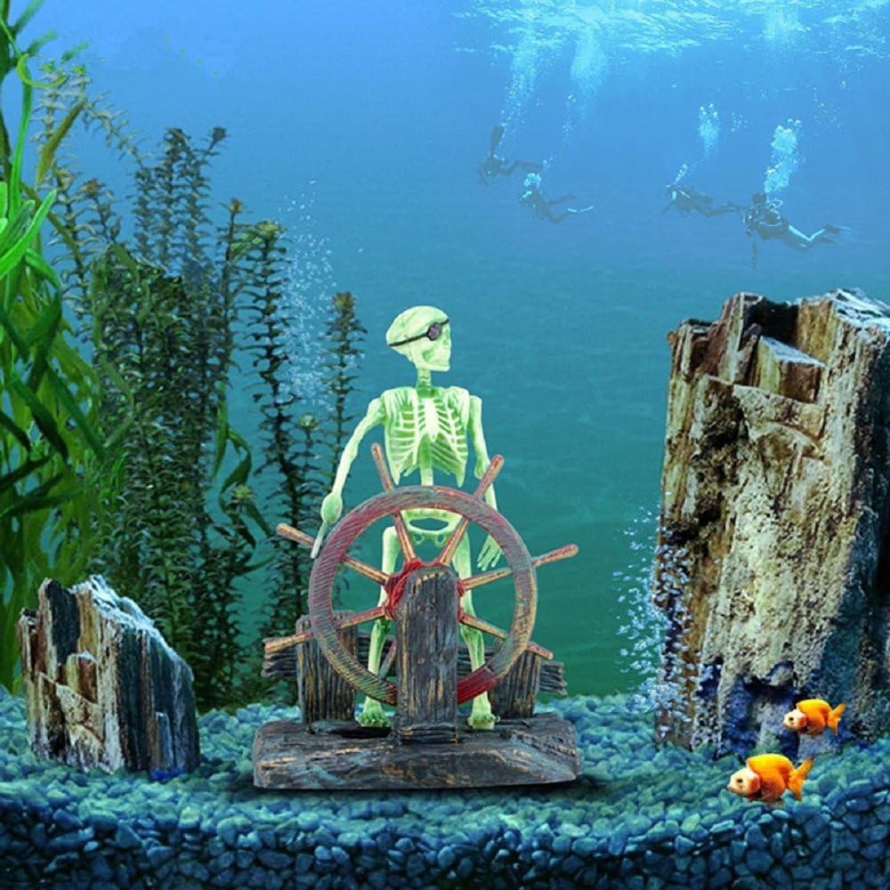 Skeleton Pirate Aquarium Bubbler, Air-Driven Moving Fish Tank Ornament with Ship Wheel, Air Pump Not Included