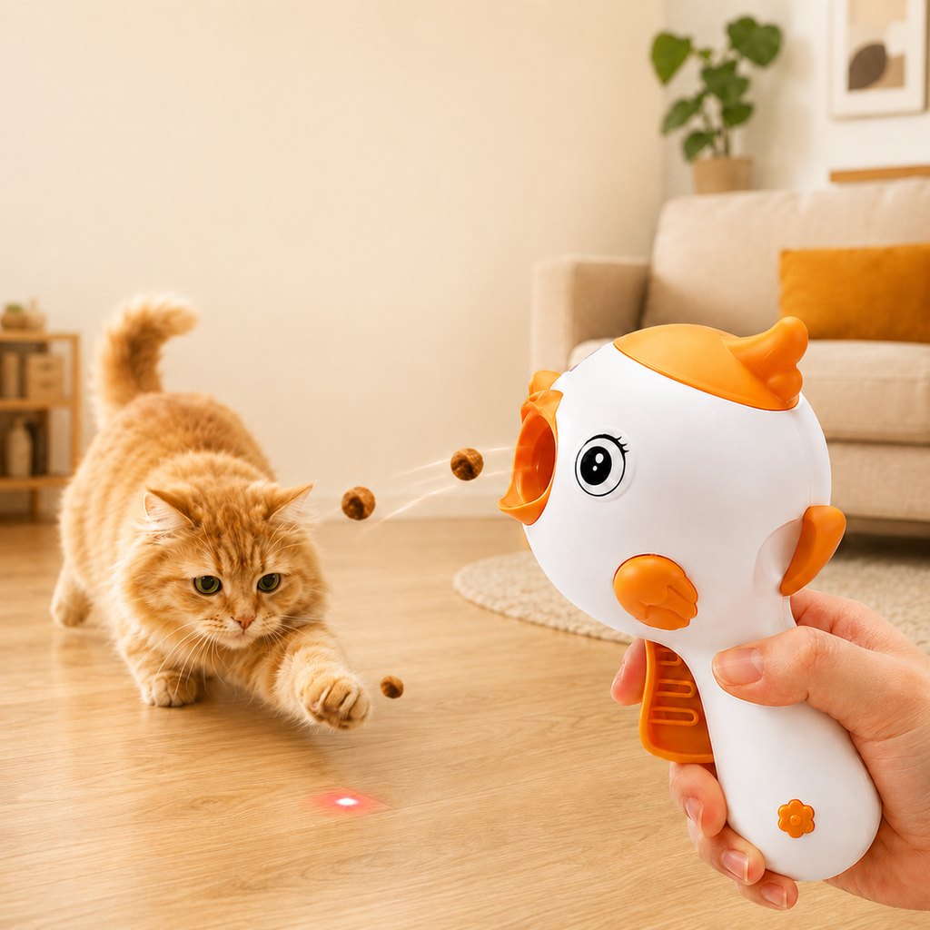 Klmays Interactive Cat Treat Launcher Toy with Laser - Indoor Cat Enrichment Game for Bored Cats, Exercise & Feeding Fun