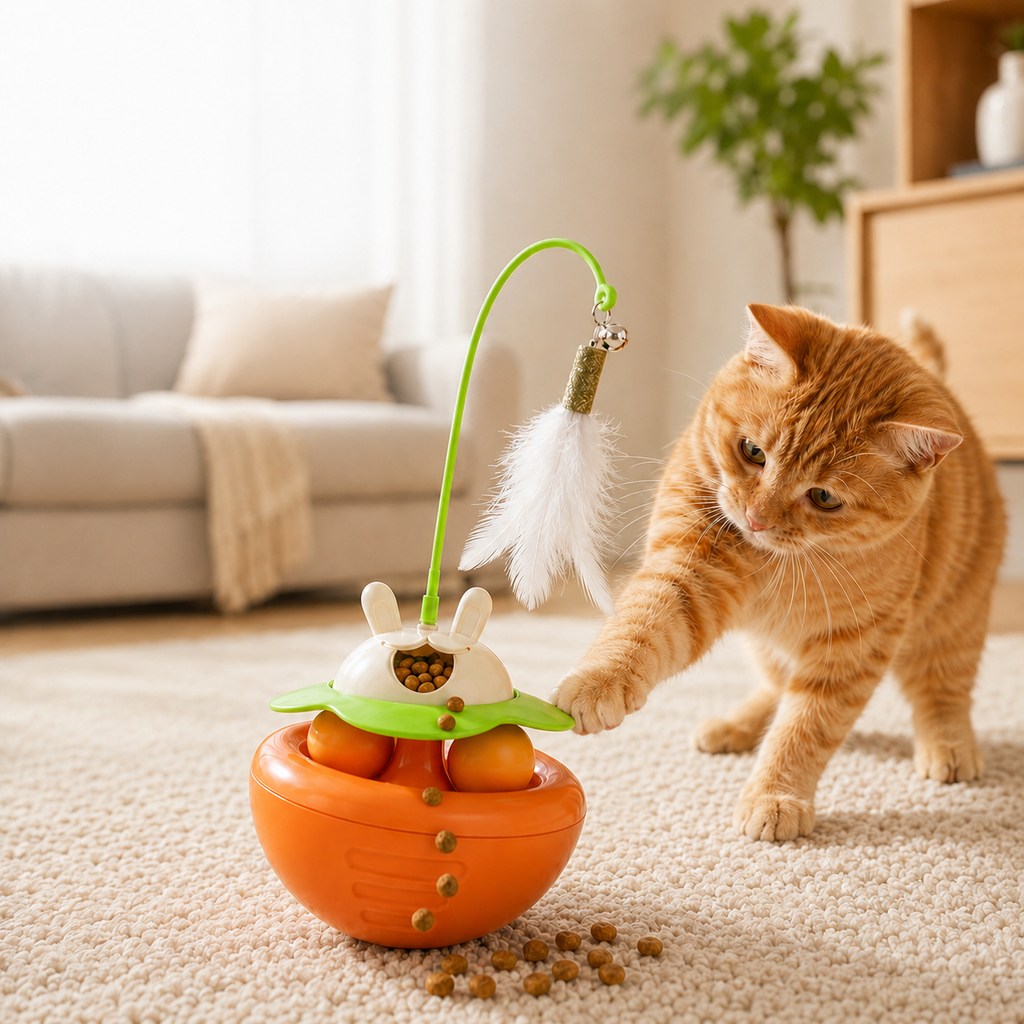 Klmays Interactive Wobble Cat Toy for Indoor Cats - Treat-Dispensing Feather Teaser That Keeps Cats Busy