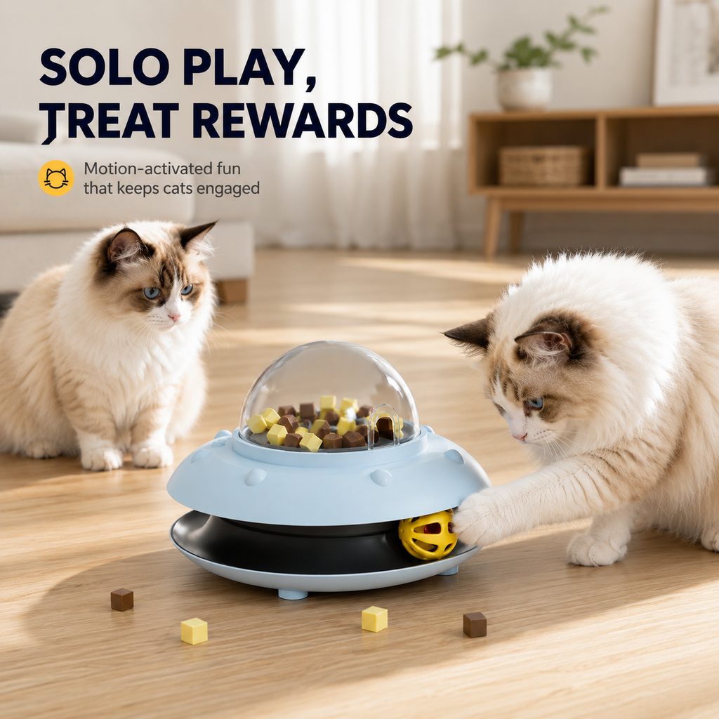 Klmays PawOrbit UFO Motion-Activated Cat Treat Dispenser Toy - Interactive Puzzle Feeder for Indoor Cats, Keeps Cats Busy While You Work